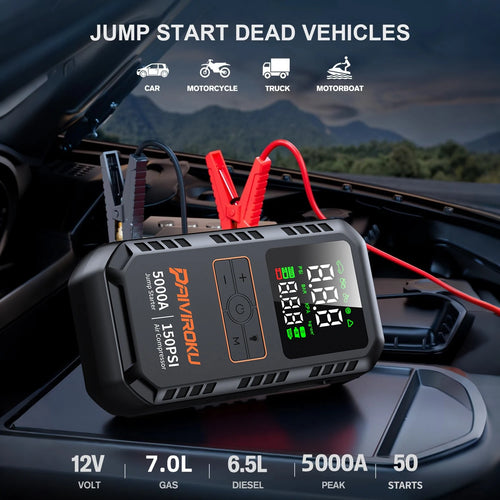 4- in- 1 Portable Jump Starter & Air Compressor-5000A Peak Power