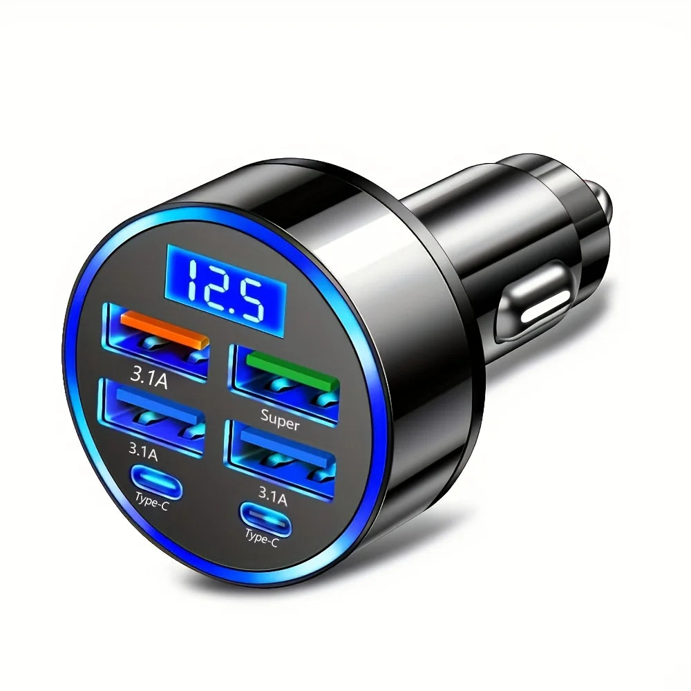 6 - in- 1 Fast Car Charger with Digital Voltage Display