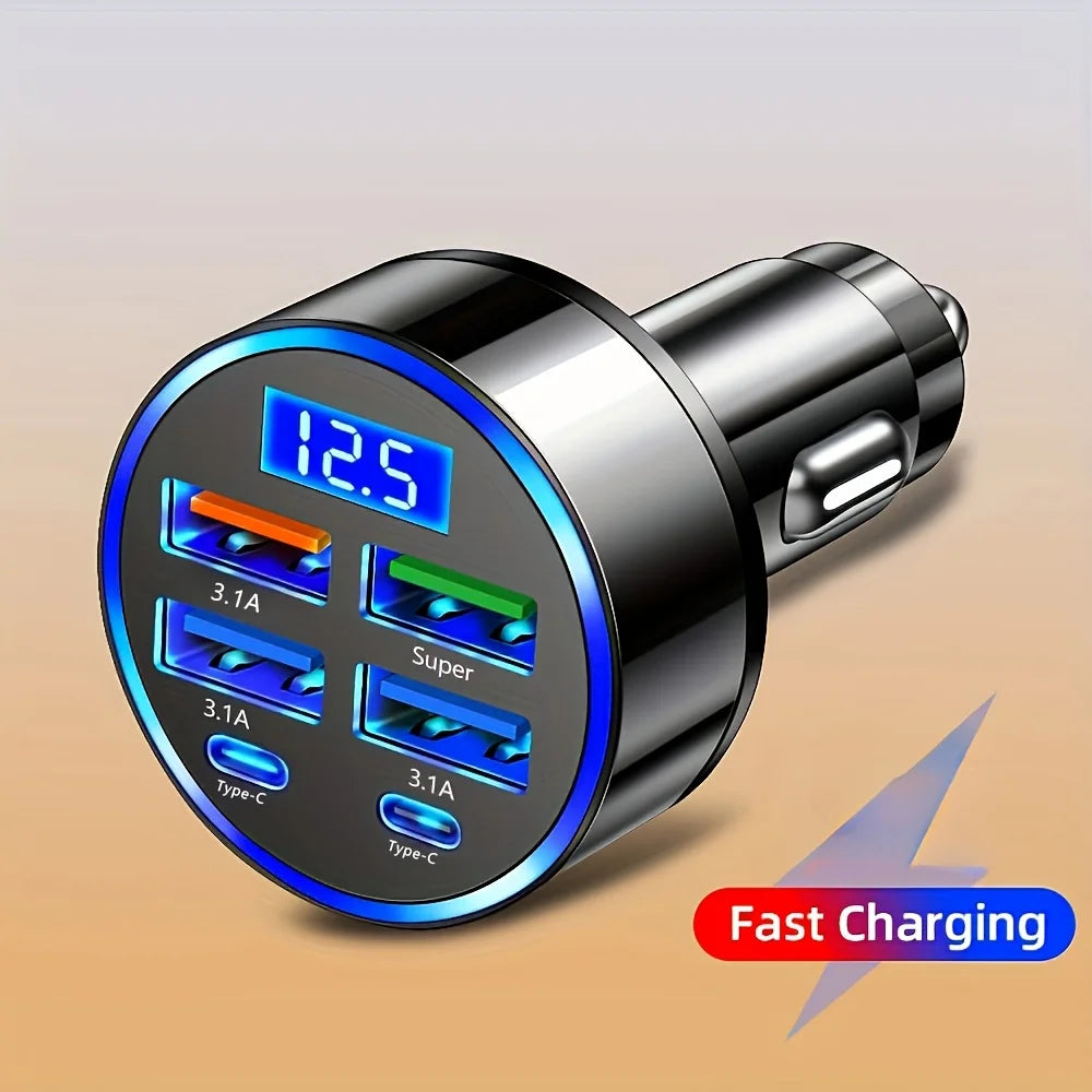 6 - in- 1 Fast Car Charger with Digital Voltage Display