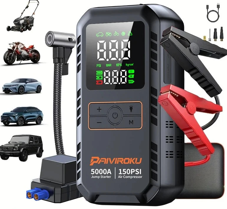 4- in- 1 Portable Jump Starter & Air Compressor-5000A Peak Power