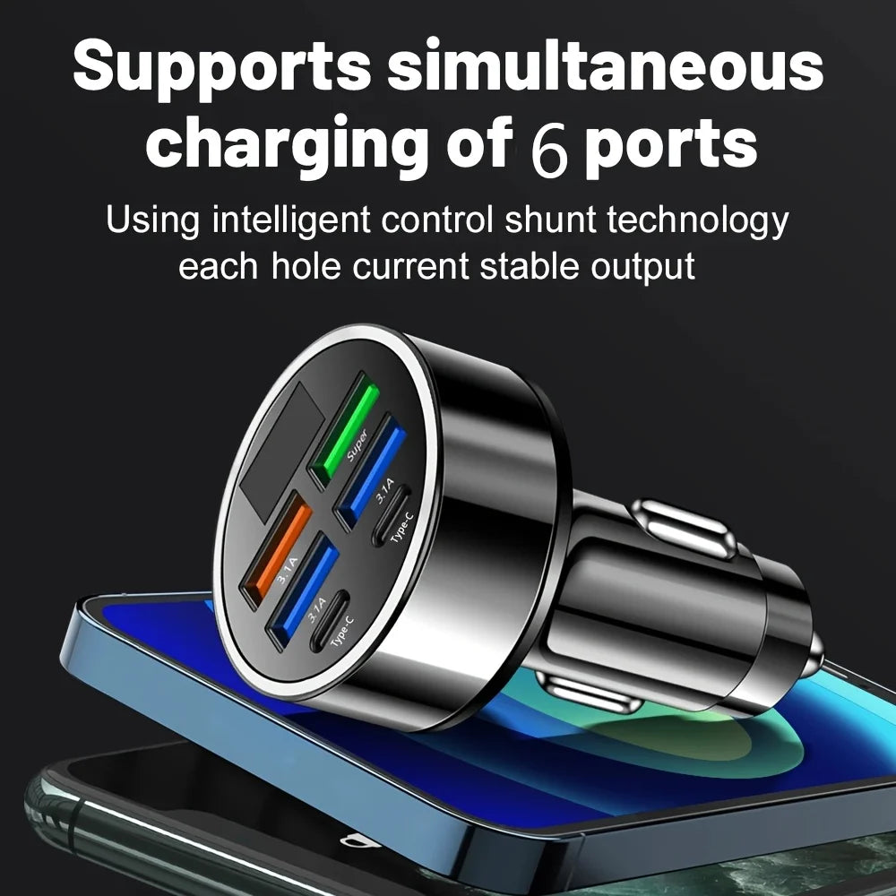 6 - in- 1 Fast Car Charger with Digital Voltage Display